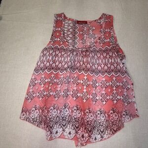 Panhandle Womens Coral Pink Lace Print Split Back Sleeveless V-Neck Blouse Top